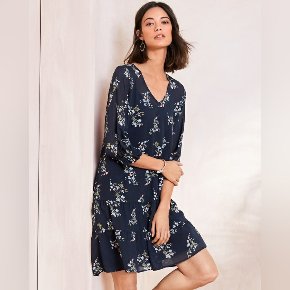 TIERED SILK DRESS NAVY JARDIN FLORAL Size 14